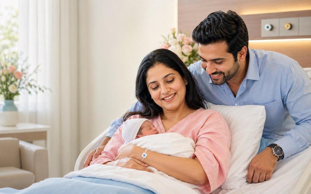 Parents with a newborn baby in a hospital room.