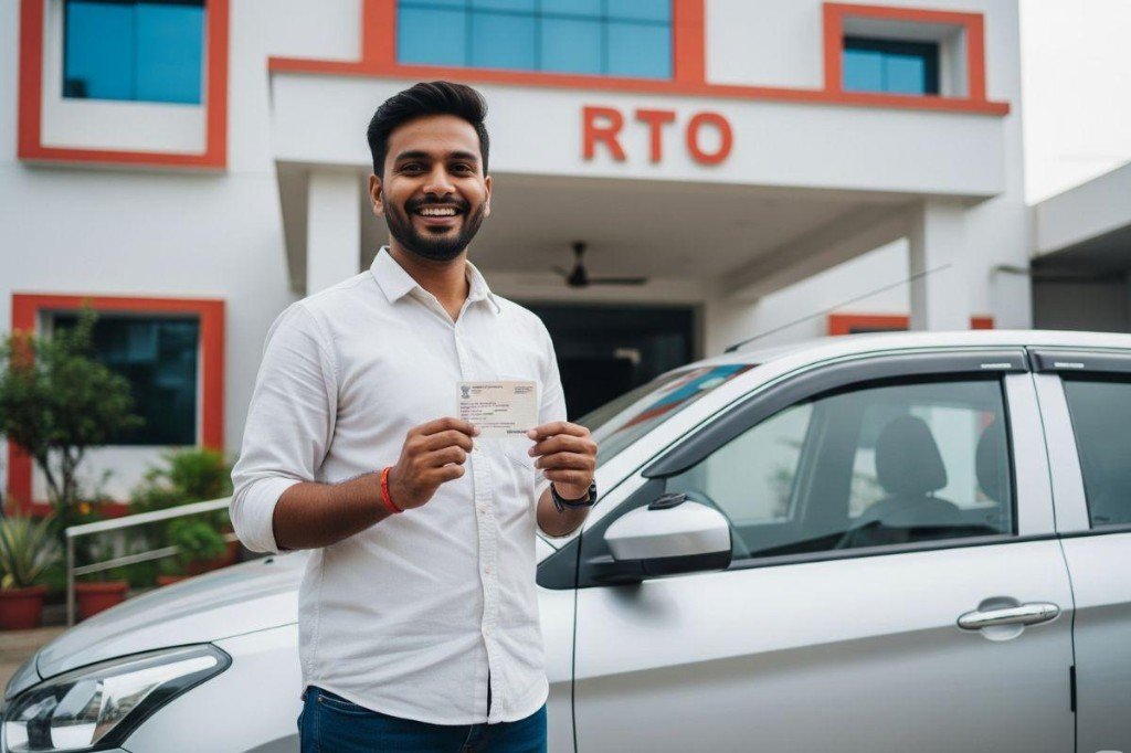 A man holding a driving licence card beside a car outside an RTO office.