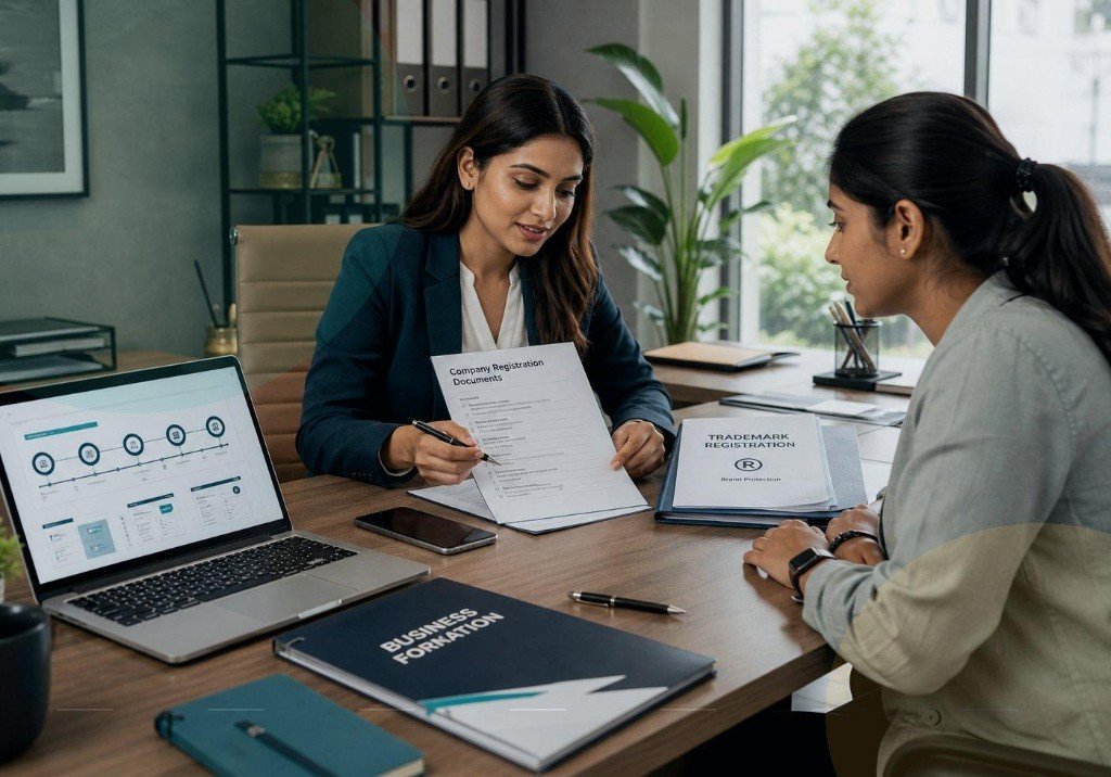 Two women reviewing company registration documents at an office desk.