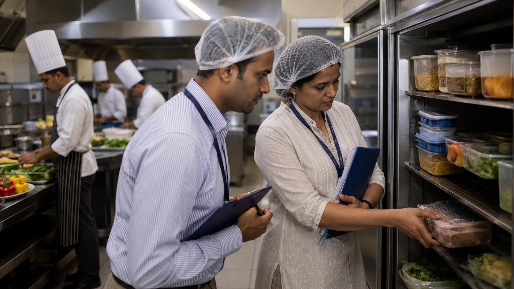Inspectors checking stored food in a commercial kitchen while chefs prepare meals.