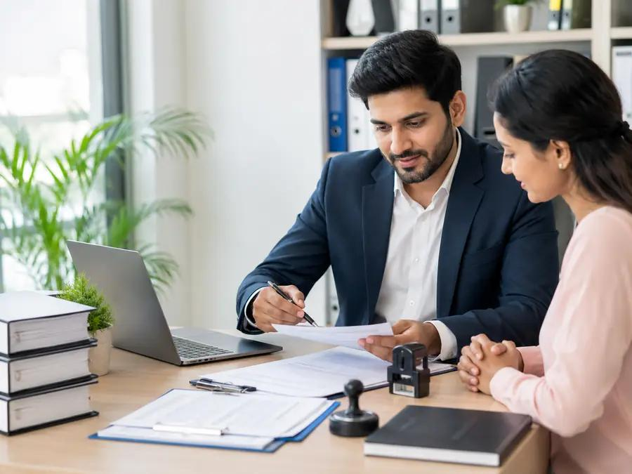 A man and a woman reviewing business papers at a desk with files and a stamp.