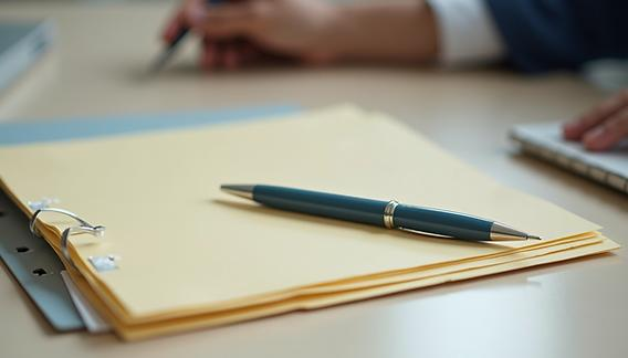 A pen resting on a stack of yellow document folders on a desk.