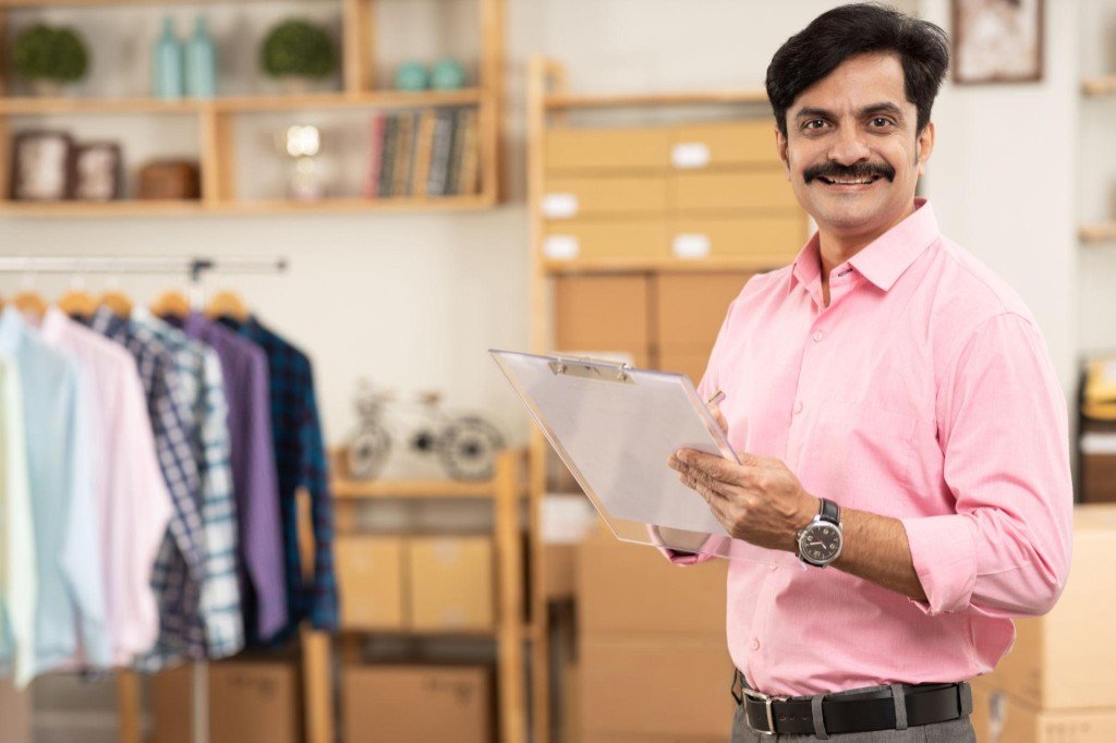 A shop owner holding a clipboard in a clothing store with stock boxes behind him.