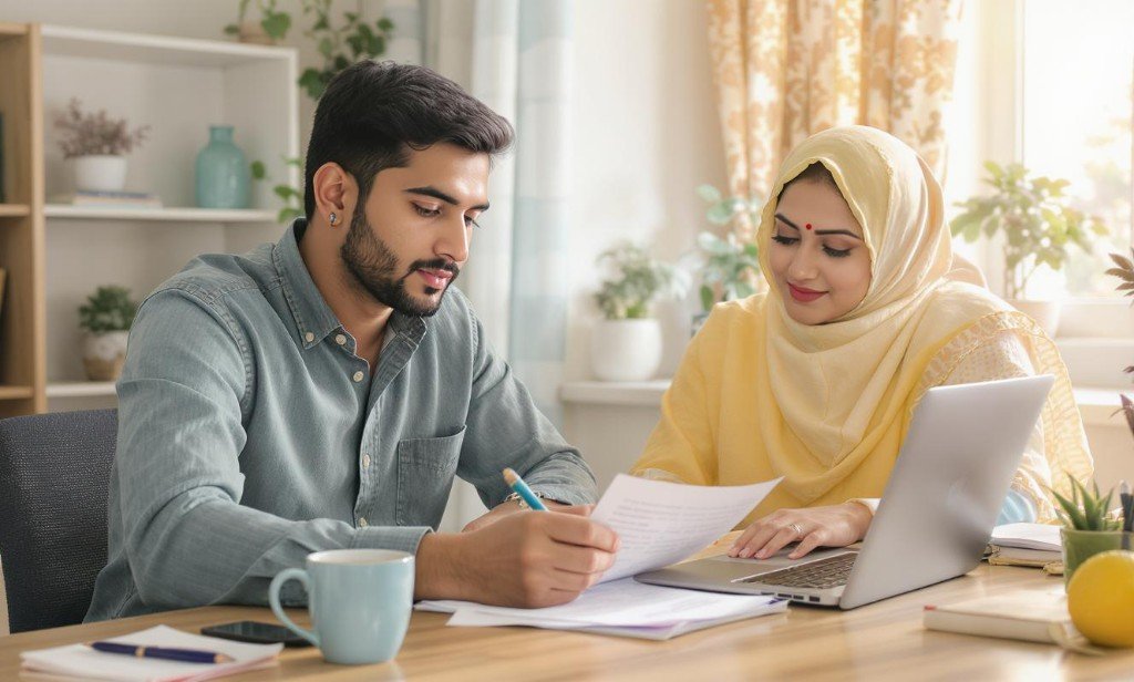 A couple reviewing household papers together at a table.