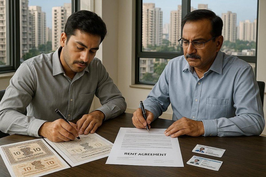 Two men signing a rent agreement at a table by a window.