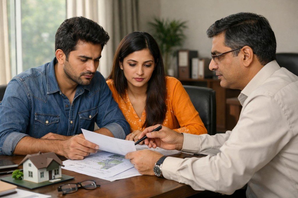 A couple reviewing property papers with an advisor, with a small house model on the desk.