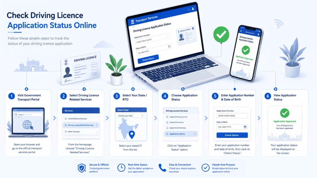 Driving licence application approved status shown on an online government transport service portal