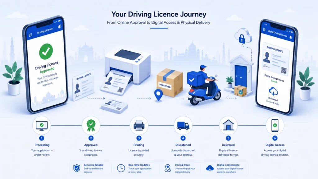 Indian driving licence journey from online approval to printing, delivery and digital access