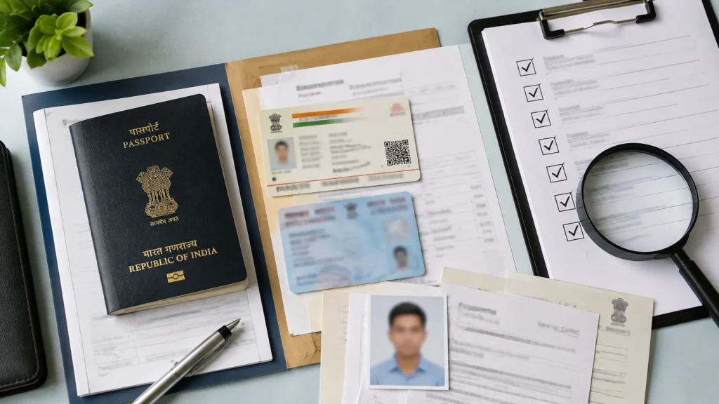 Passport renewal documents and photo requirements arranged for verification