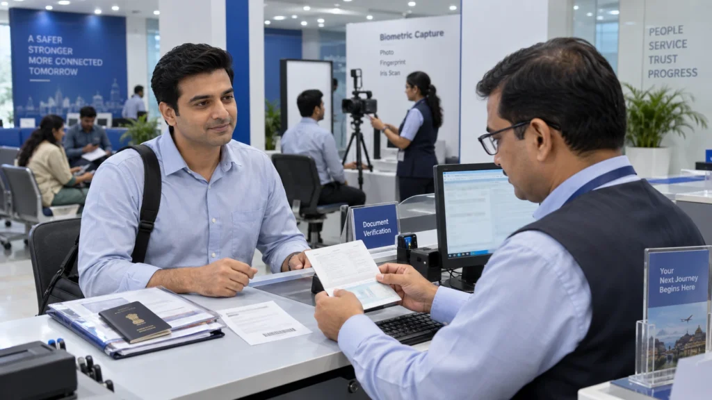Indian applicant attending a Tatkal passport appointment for document and biometric verification