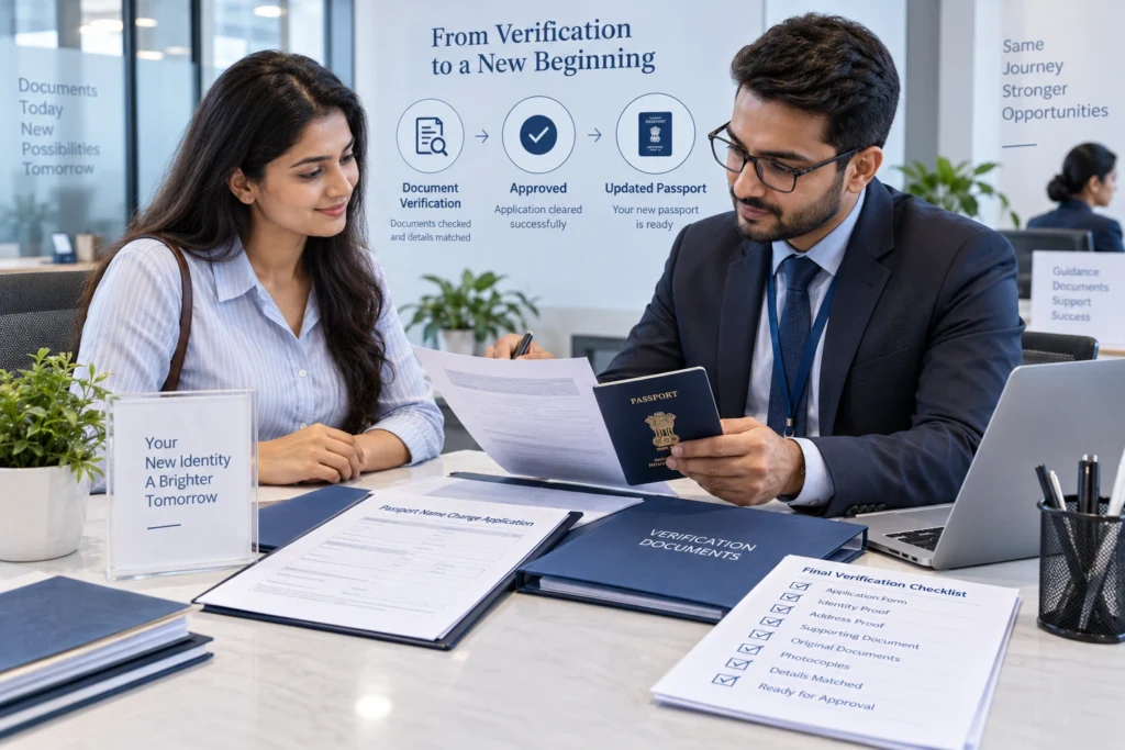 Passport name change document verification and updated passport